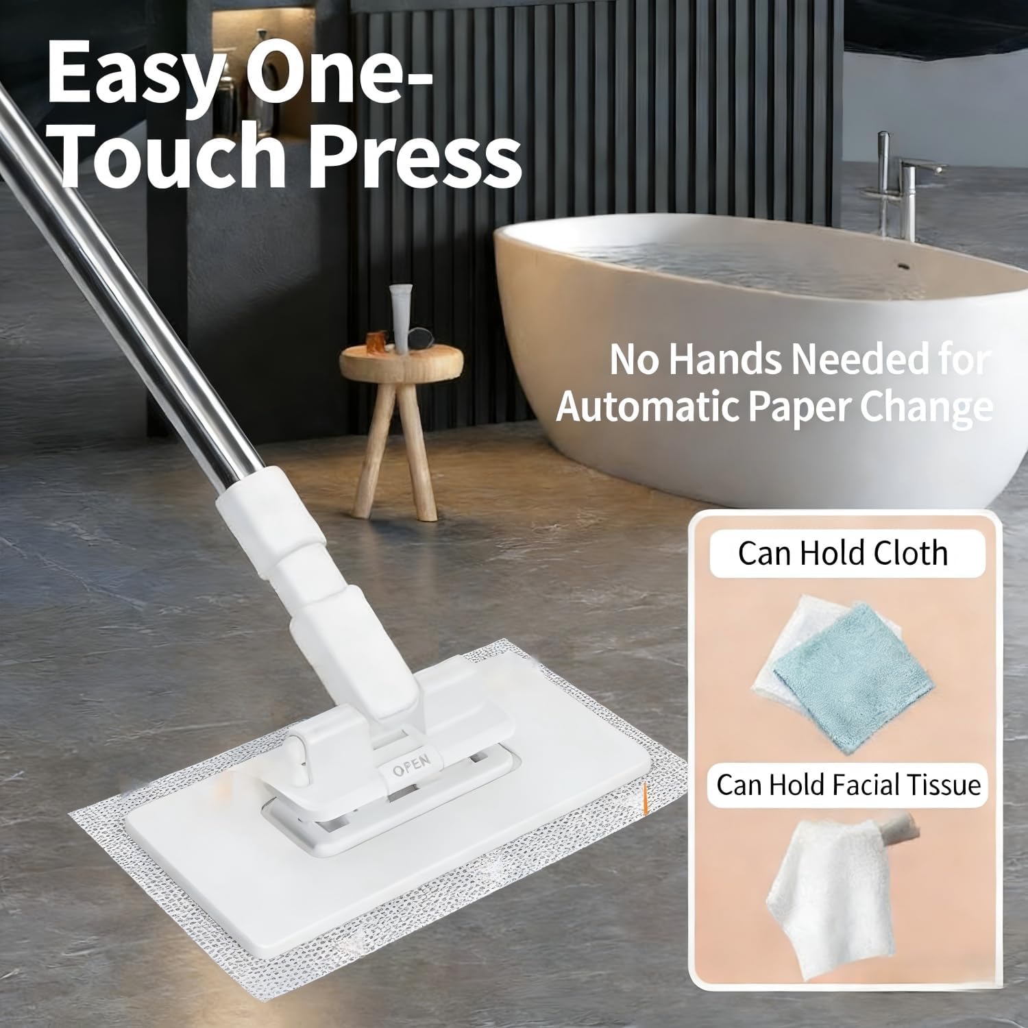 Snap Grip Mini Mop,2026 Upgraded Zero Touch Snap Grip Mini Mop,Cloth Changing MiniMop,Automatic Hands Free Push Pull Handle,Includes 1 MiniMop & 5 Reusable Cloths