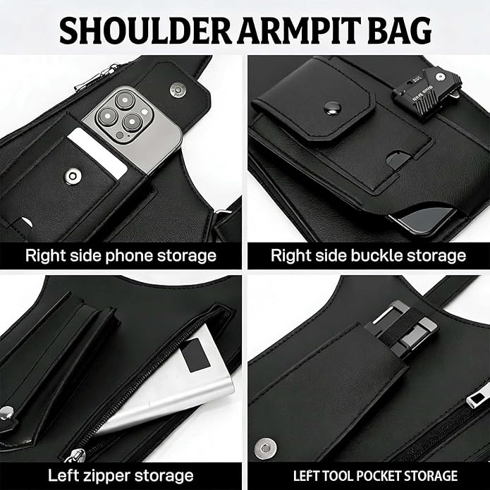Premium Leather Shoulder Bag, Double Shoulder Armpit Bag for Men, Anti-Theft Hidden Adjustable Shoulder Holster for Men