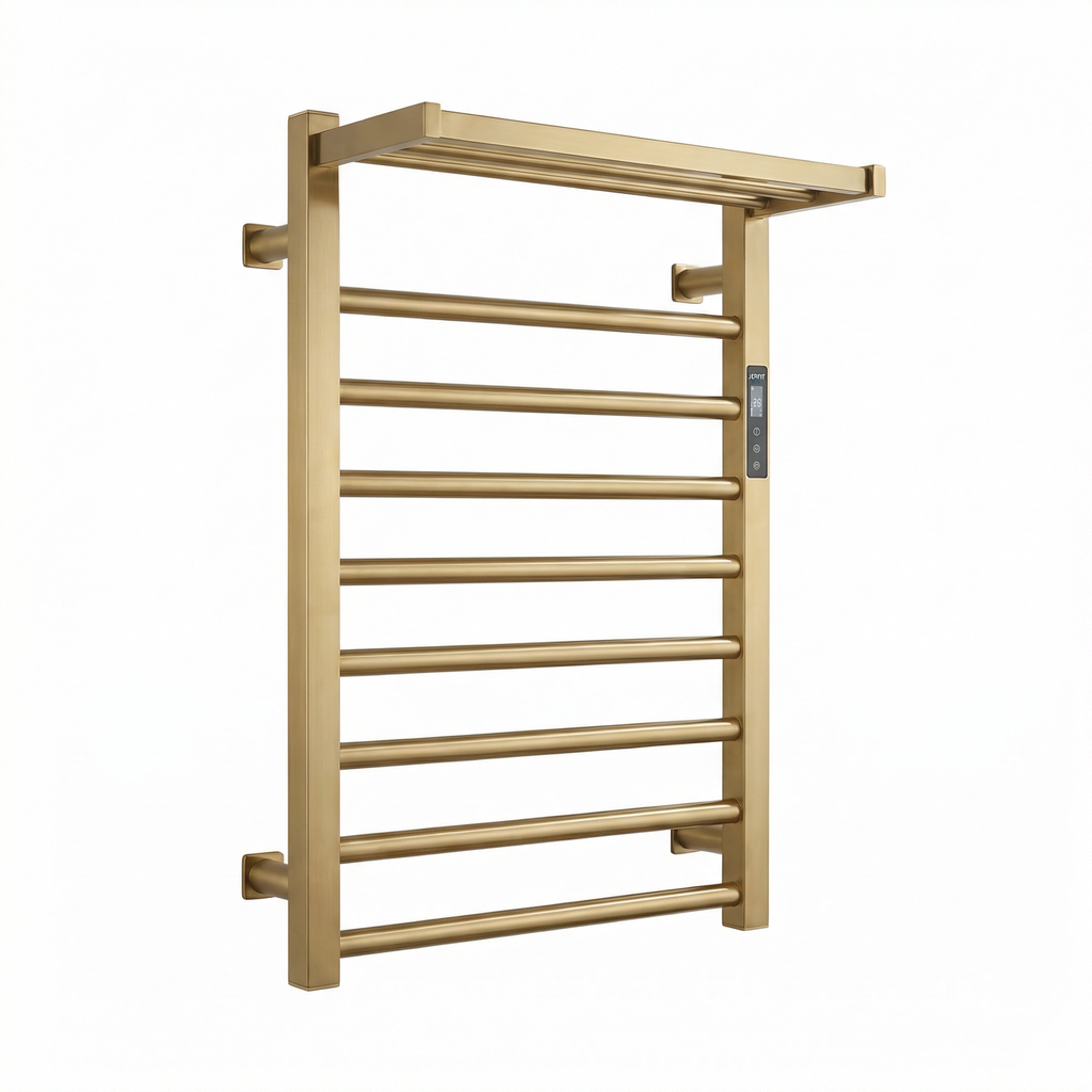 JERFIT Brushed Gold Electric Heated Towel Rack with Shelf, 8-Bar Smart Touch Control 304 Stainless Steel