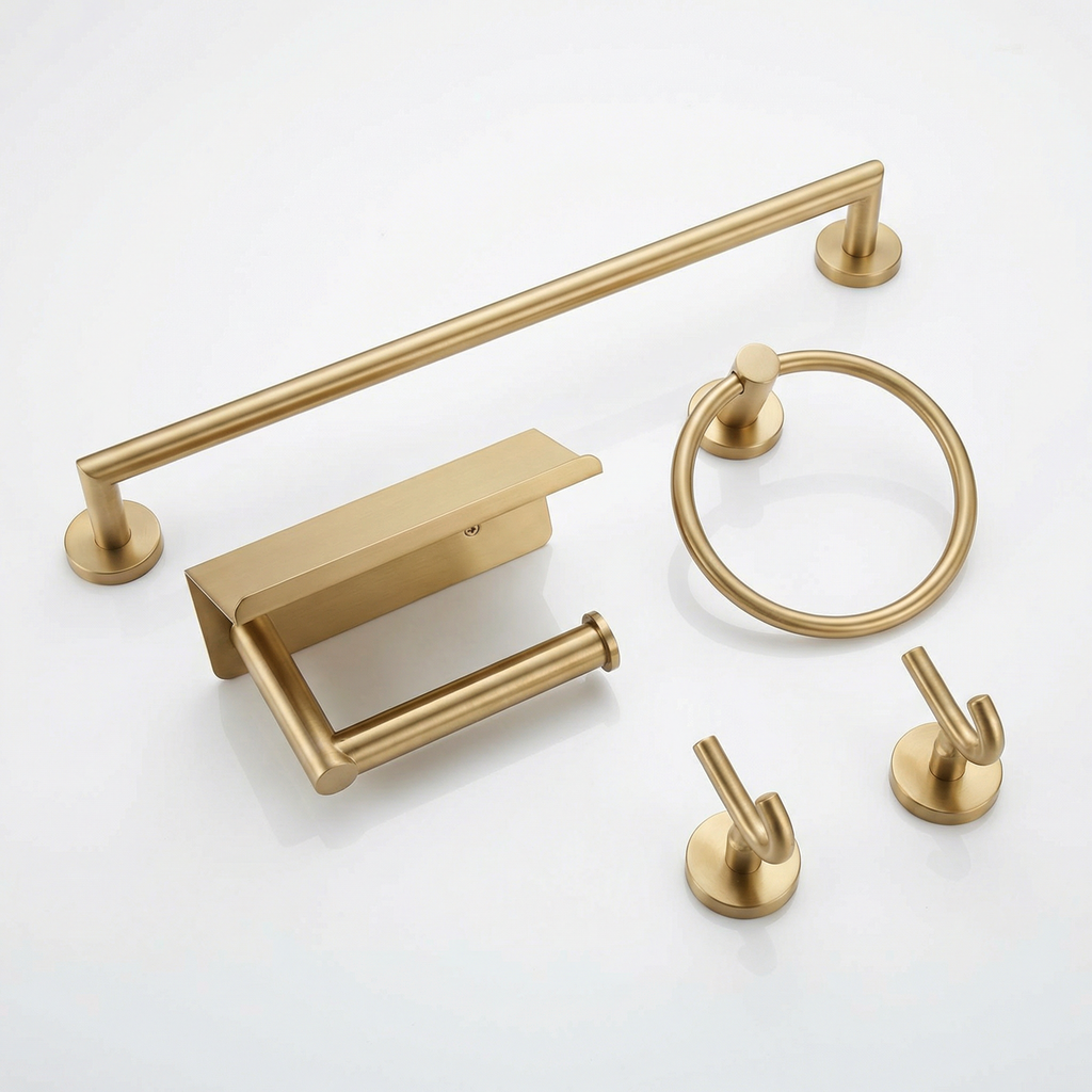 5-Piece Brushed Gold Bathroom Hardware Set, Stainless Steel Towel Bar, Ring, Toilet Paper Holder and Hooks