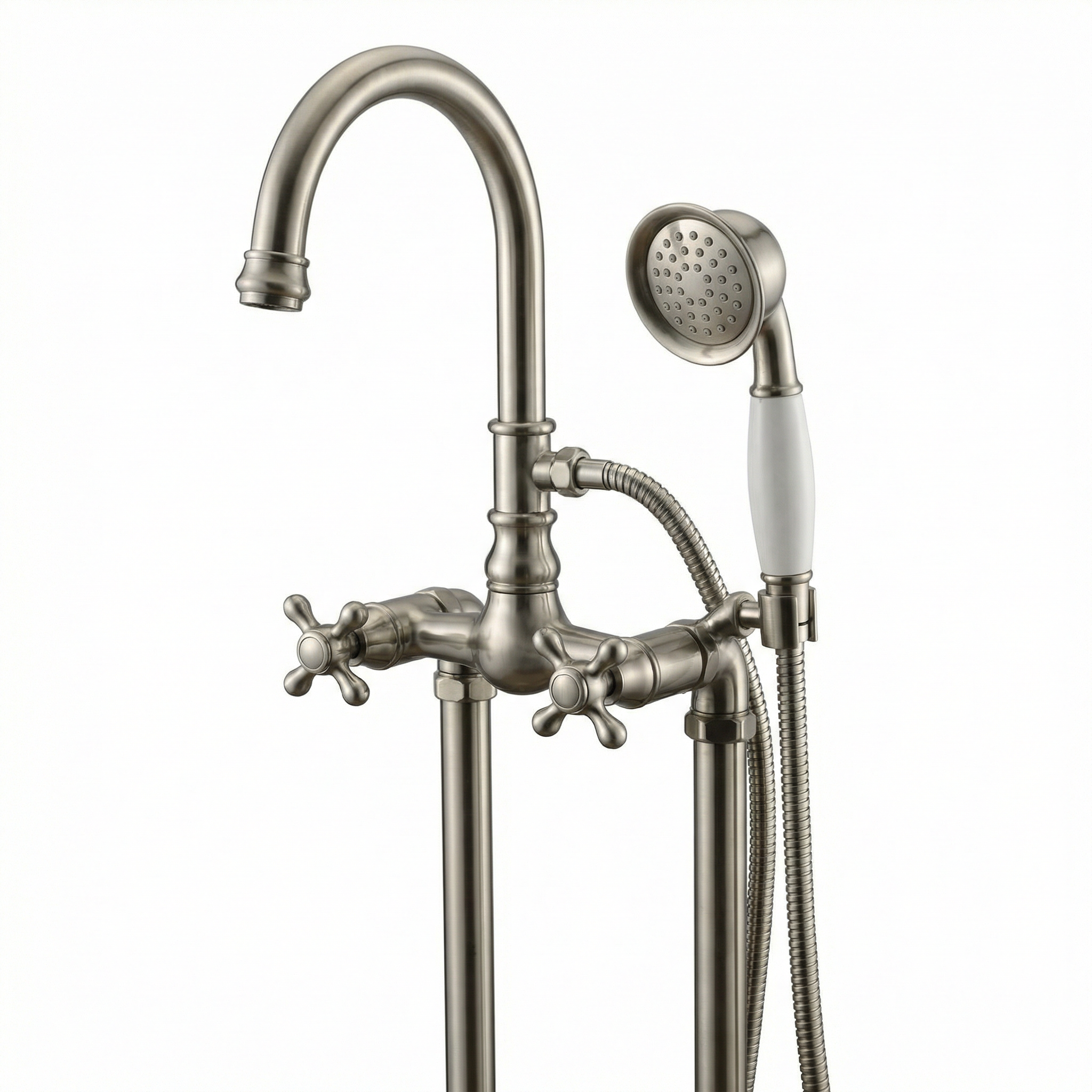Floor-Mounted Clawfoot Bathtub Faucet, Brushed Nickel, Cross Handles with Handheld Shower Attachment