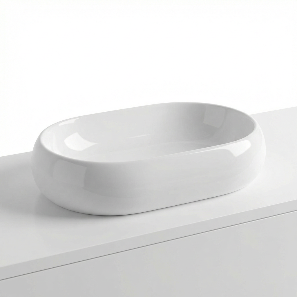 Oval Above-Counter Ceramic Vessel Sink, Glossy White, Modern European Design for Bathroom Vanity