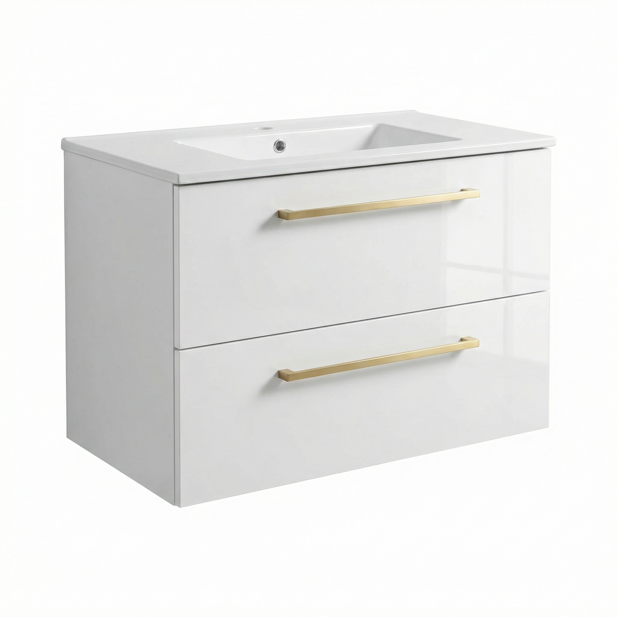 36-Inch Floating Wall-Mounted Bathroom Vanity Cabinet, White Lacquer with Brushed Gold Handles and Ceramic Sink