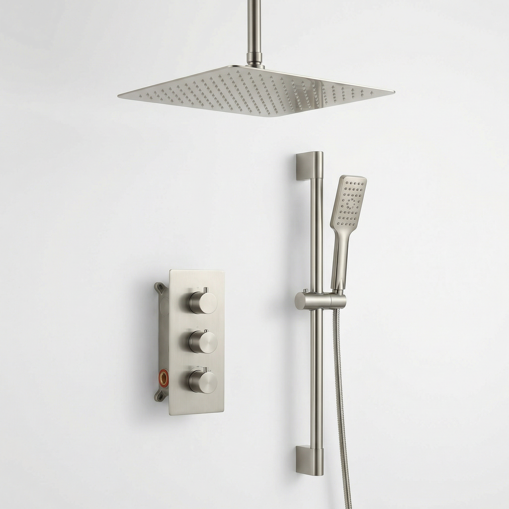 Rainfall Shower System Brushed Nickel 16-Inch Square Ceiling-Mount with Handheld and Thermostatic Valve