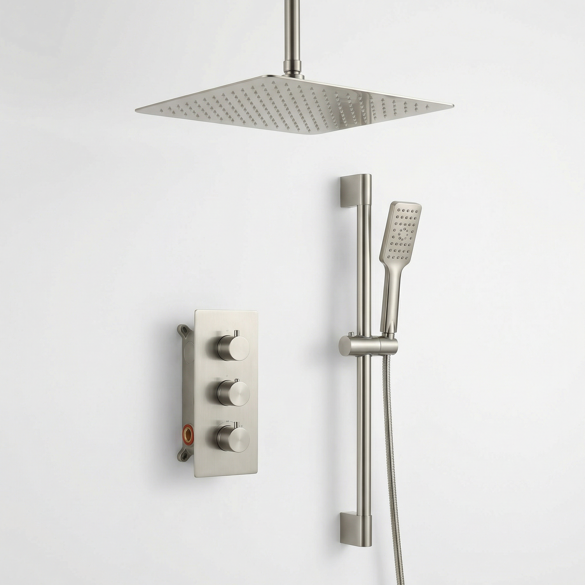 Rainfall Shower System Brushed Nickel 16-Inch Square Ceiling-Mount with Handheld and Thermostatic Valve