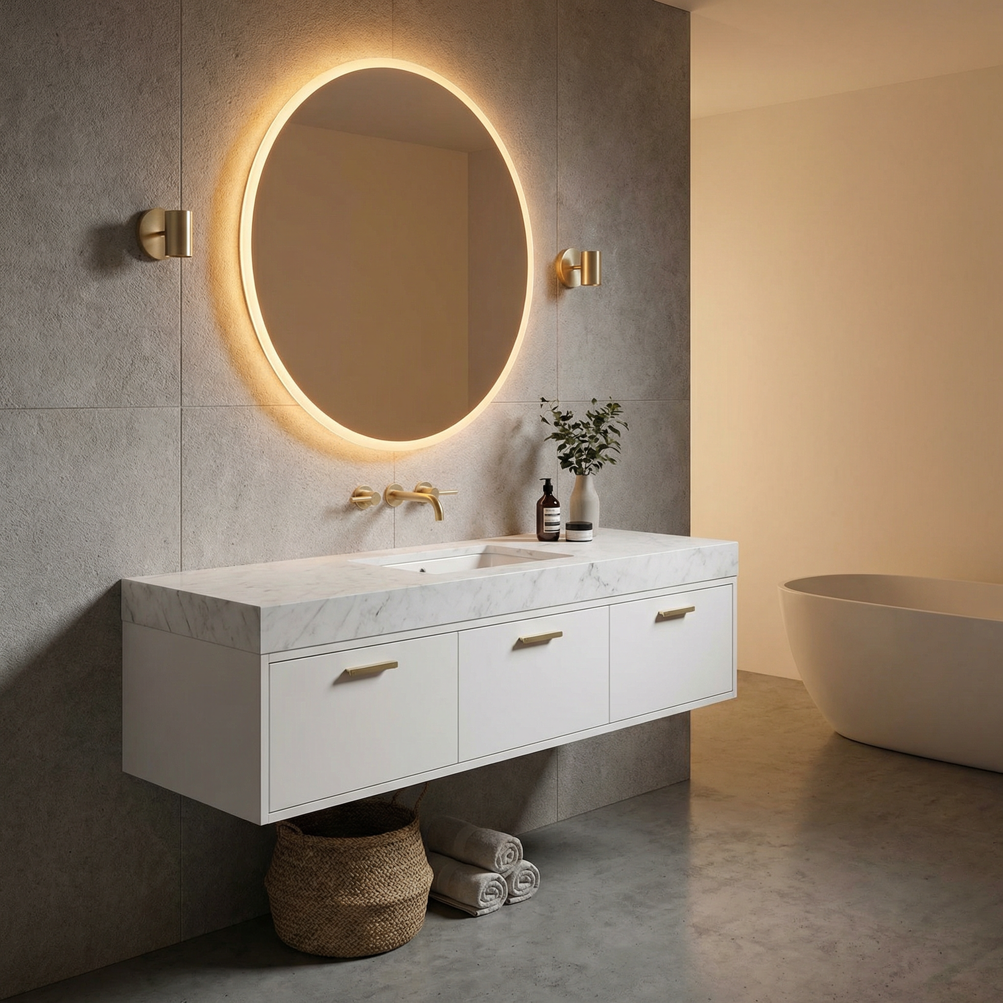 36-Inch Floating Wall-Mounted Bathroom Vanity Cabinet, White Lacquer with Brushed Gold Handles and Ceramic Sink