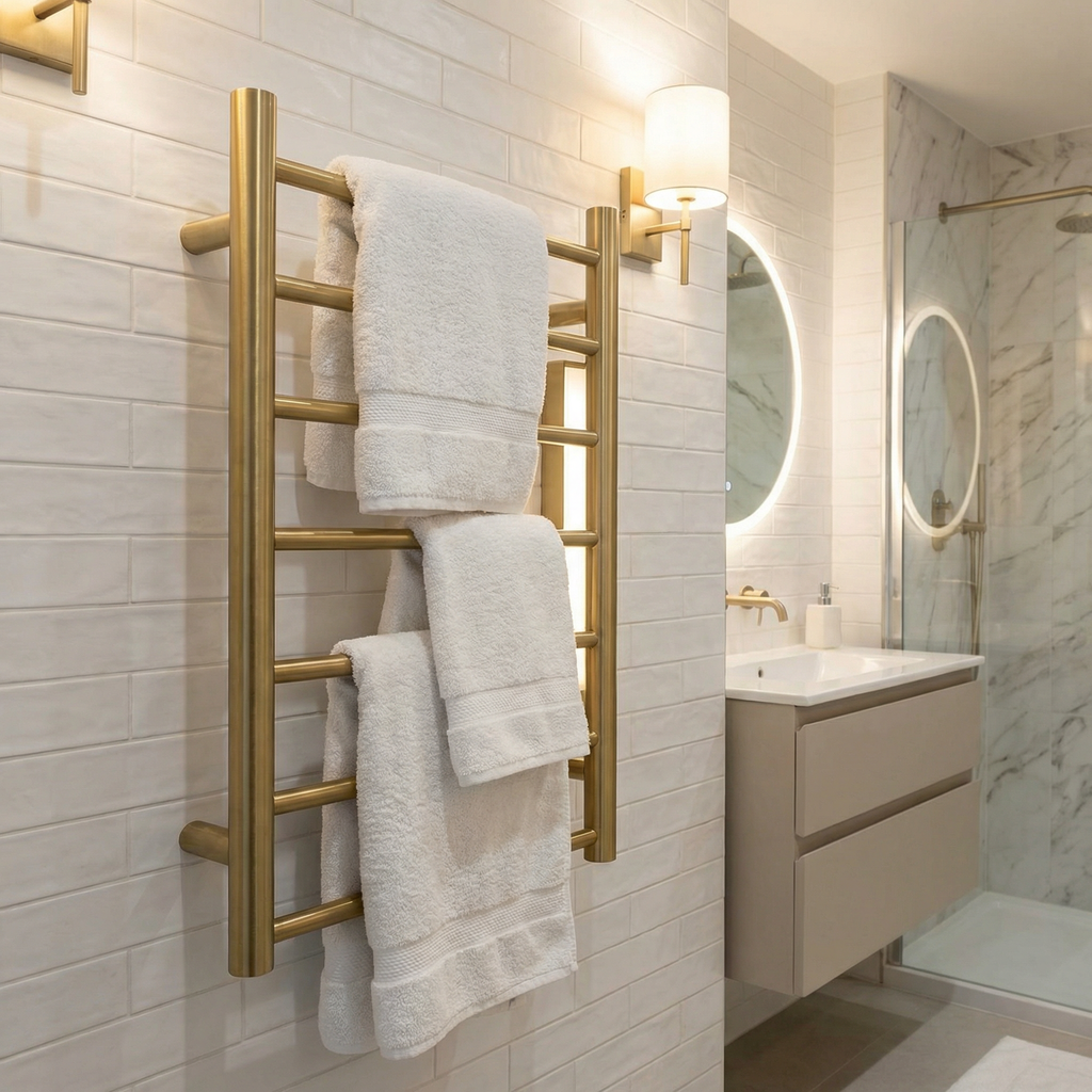 JERFIT Brushed Gold Electric Heated Towel Rack with Shelf, 8-Bar Smart Touch Control 304 Stainless Steel