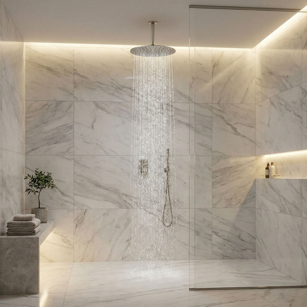 Rainfall Shower System Brushed Nickel 16-Inch Square Ceiling-Mount with Handheld and Thermostatic Valve