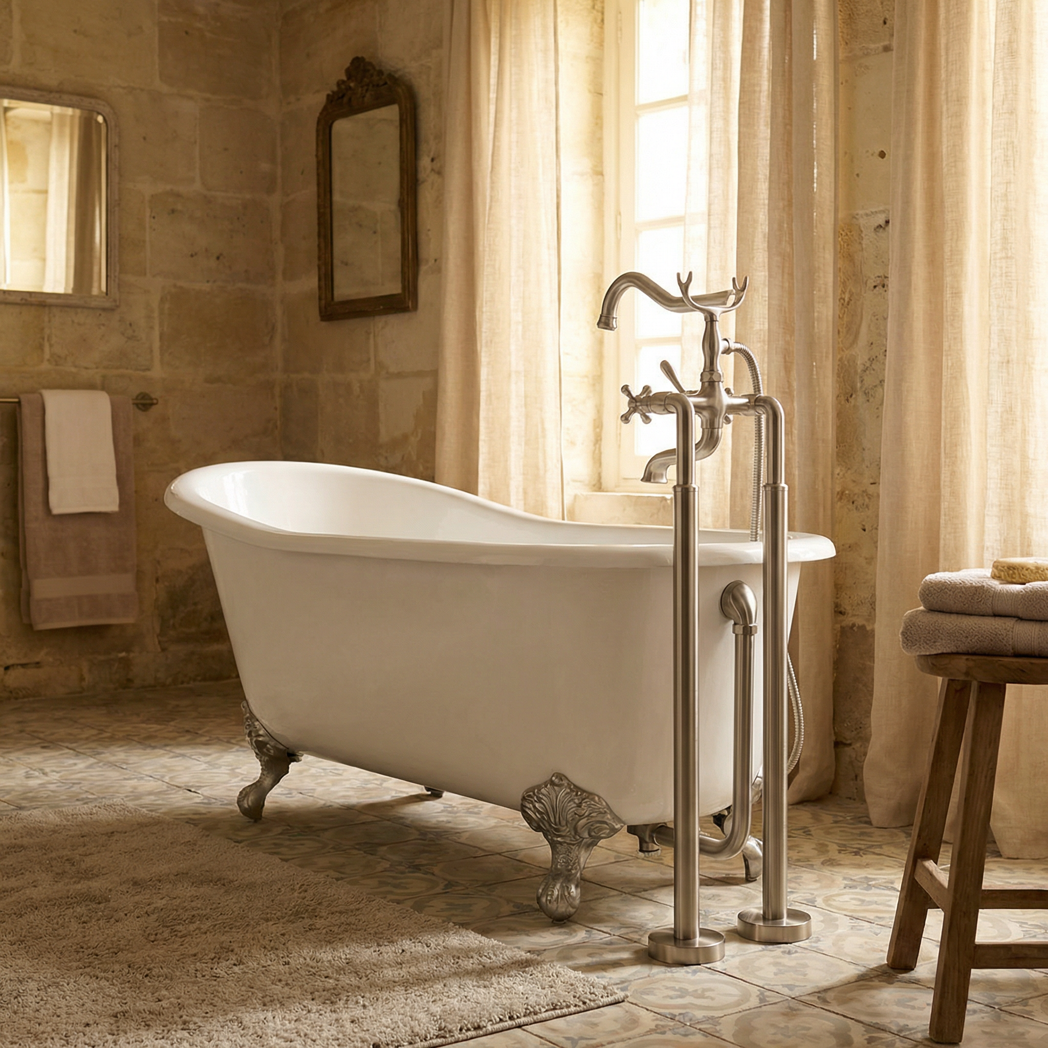 Floor-Mounted Clawfoot Bathtub Faucet, Brushed Nickel, Cross Handles with Handheld Shower Attachment