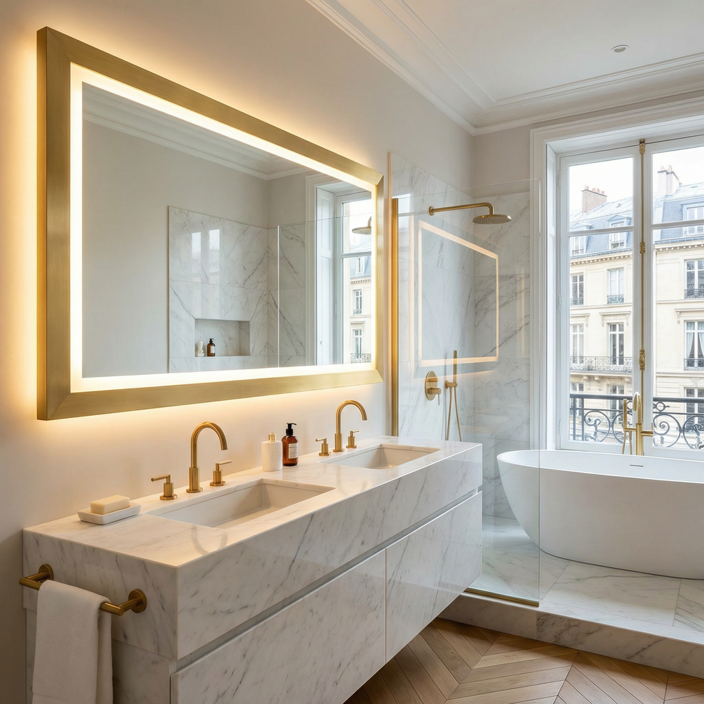 FTOTI 24x32 Inch LED Bathroom Mirror, Brushed Gold Aluminum Frame, Anti-Fog Dimmable Touch Switch