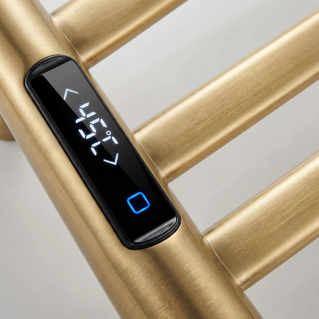 JERFIT Brushed Gold Electric Heated Towel Rack with Shelf, 8-Bar Smart Touch Control 304 Stainless Steel