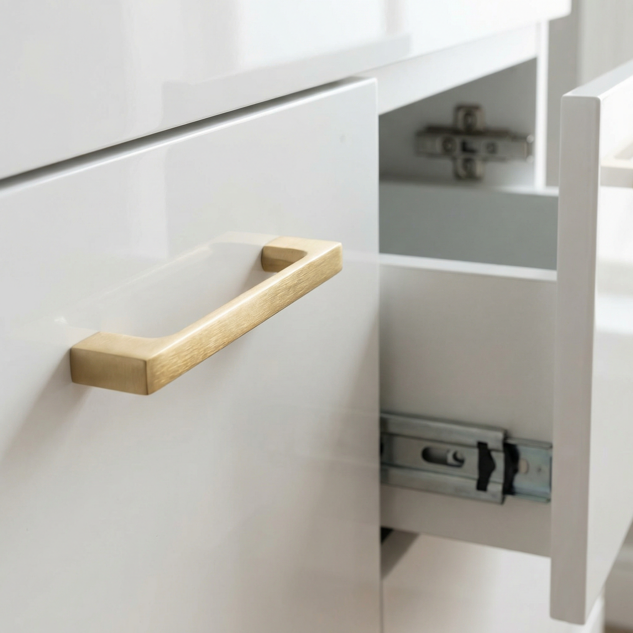 36-Inch Floating Wall-Mounted Bathroom Vanity Cabinet, White Lacquer with Brushed Gold Handles and Ceramic Sink