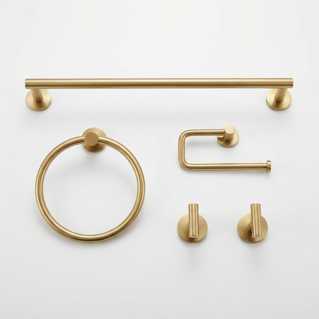 5-Piece Brushed Gold Bathroom Hardware Set, Stainless Steel Towel Bar, Ring, Toilet Paper Holder and Hooks