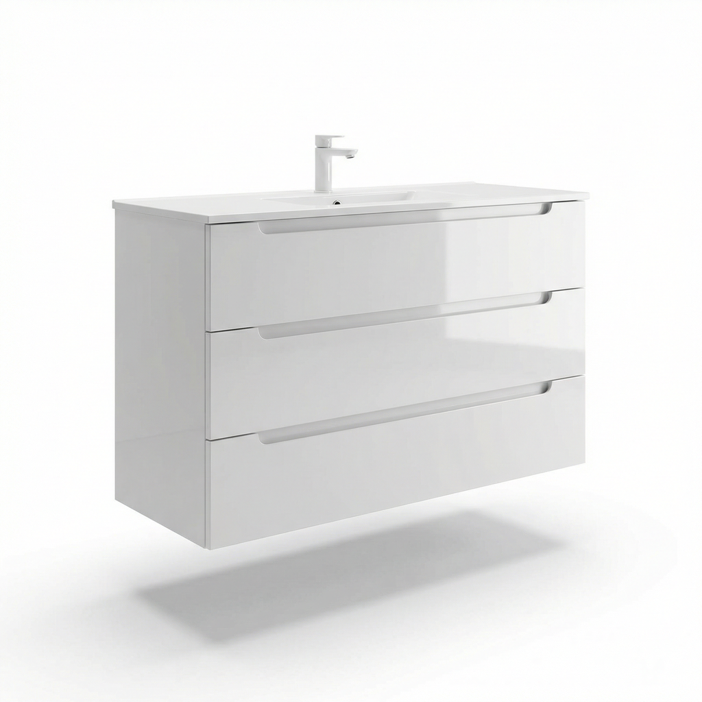 36-Inch Floating Wall-Mounted Bathroom Vanity Cabinet, White Lacquer with Brushed Gold Handles and Ceramic Sink