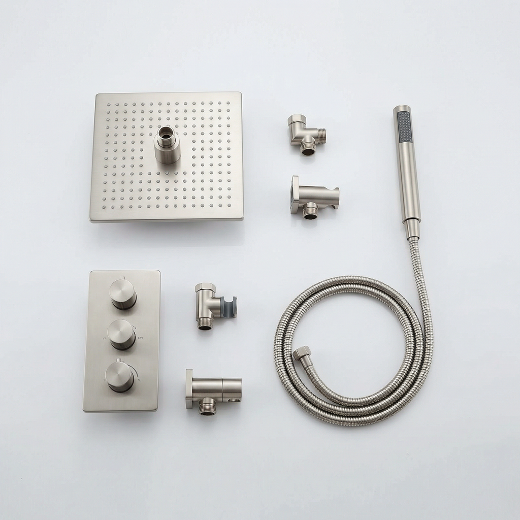 Rainfall Shower System Brushed Nickel 16-Inch Square Ceiling-Mount with Handheld and Thermostatic Valve