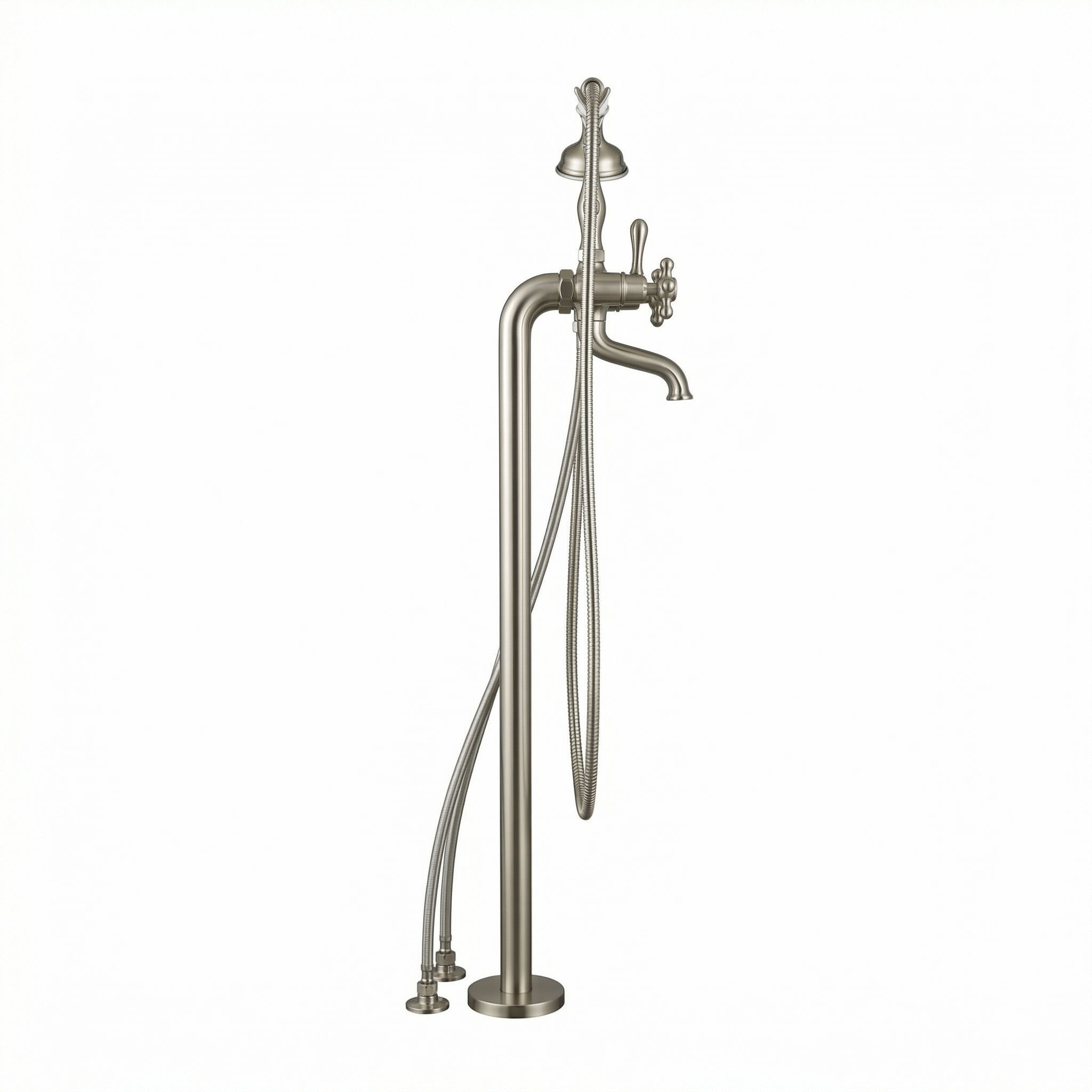 Floor-Mounted Clawfoot Bathtub Faucet, Brushed Nickel, Cross Handles with Handheld Shower Attachment