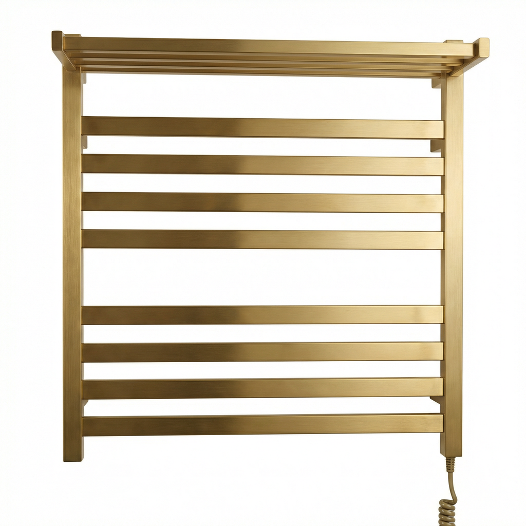 JERFIT Brushed Gold Electric Heated Towel Rack with Shelf, 8-Bar Smart Touch Control 304 Stainless Steel