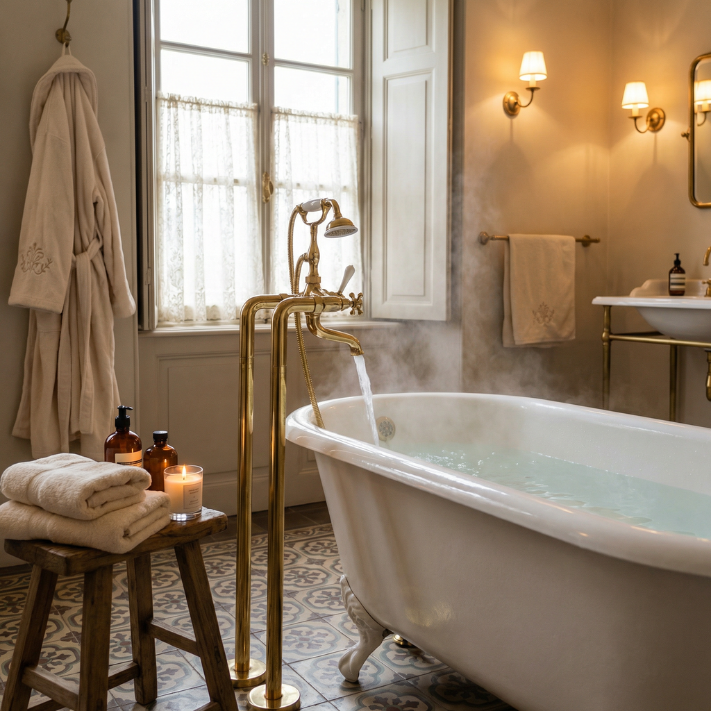 Floor-Mounted Clawfoot Bathtub Faucet, Brushed Nickel, Cross Handles with Handheld Shower Attachment