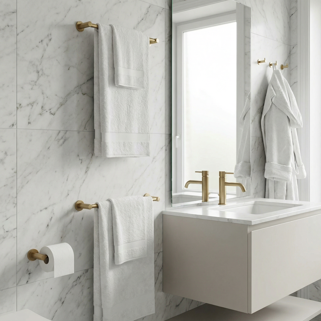 5-Piece Brushed Gold Bathroom Hardware Set, Stainless Steel Towel Bar, Ring, Toilet Paper Holder and Hooks