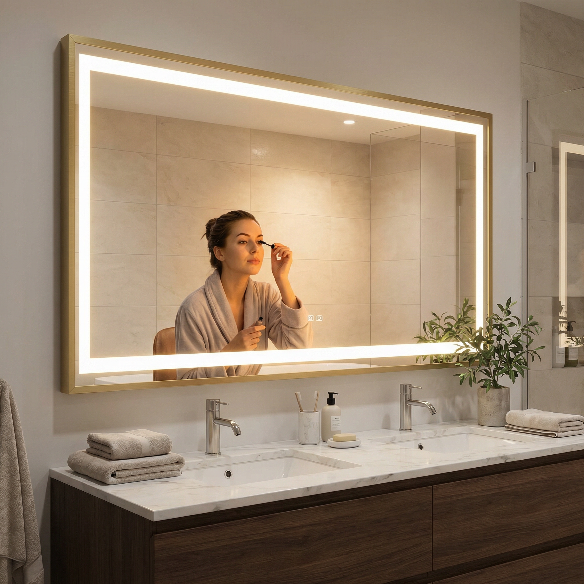 FTOTI 24x32 Inch LED Bathroom Mirror, Brushed Gold Aluminum Frame, Anti-Fog Dimmable Touch Switch