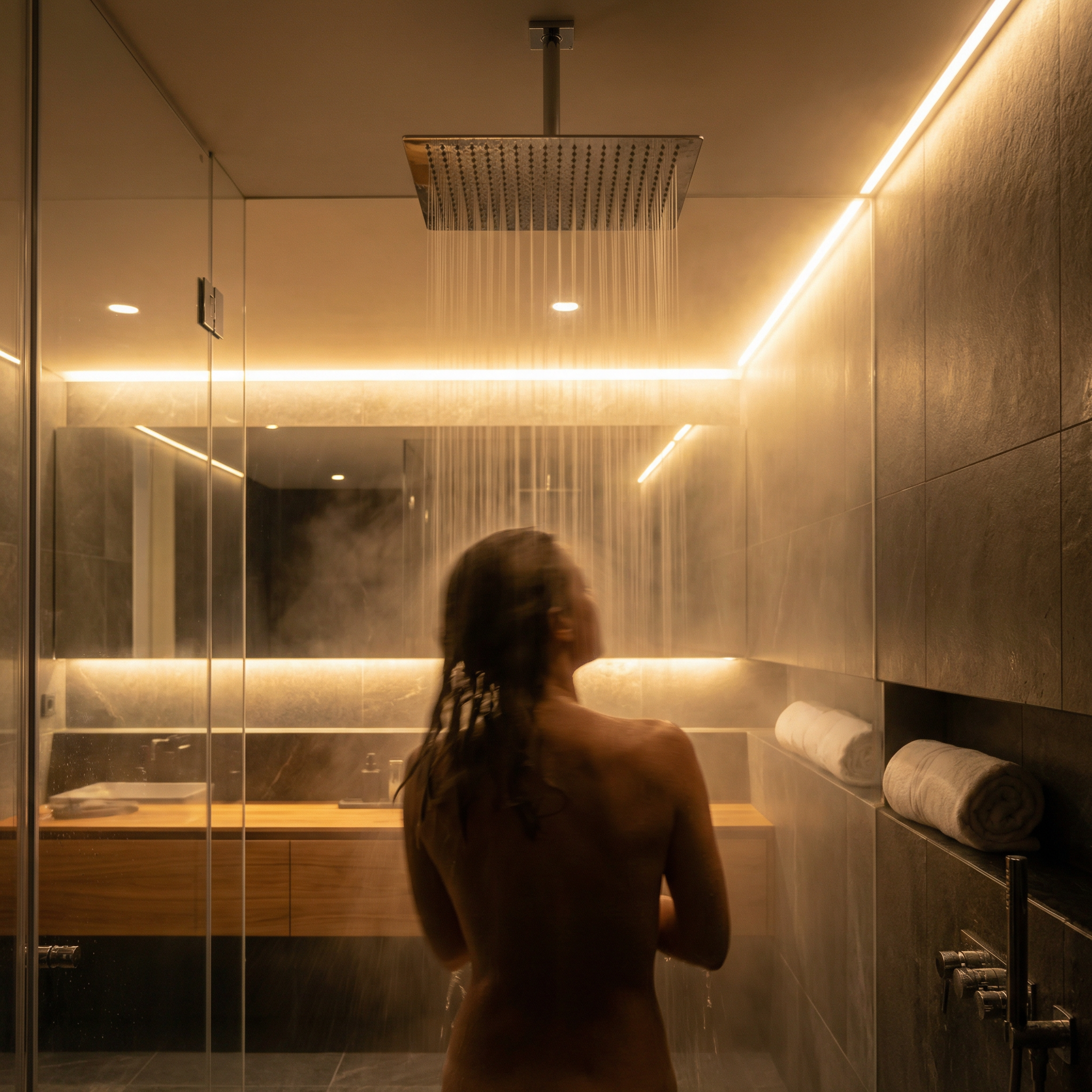 Rainfall Shower System Brushed Nickel 16-Inch Square Ceiling-Mount with Handheld and Thermostatic Valve