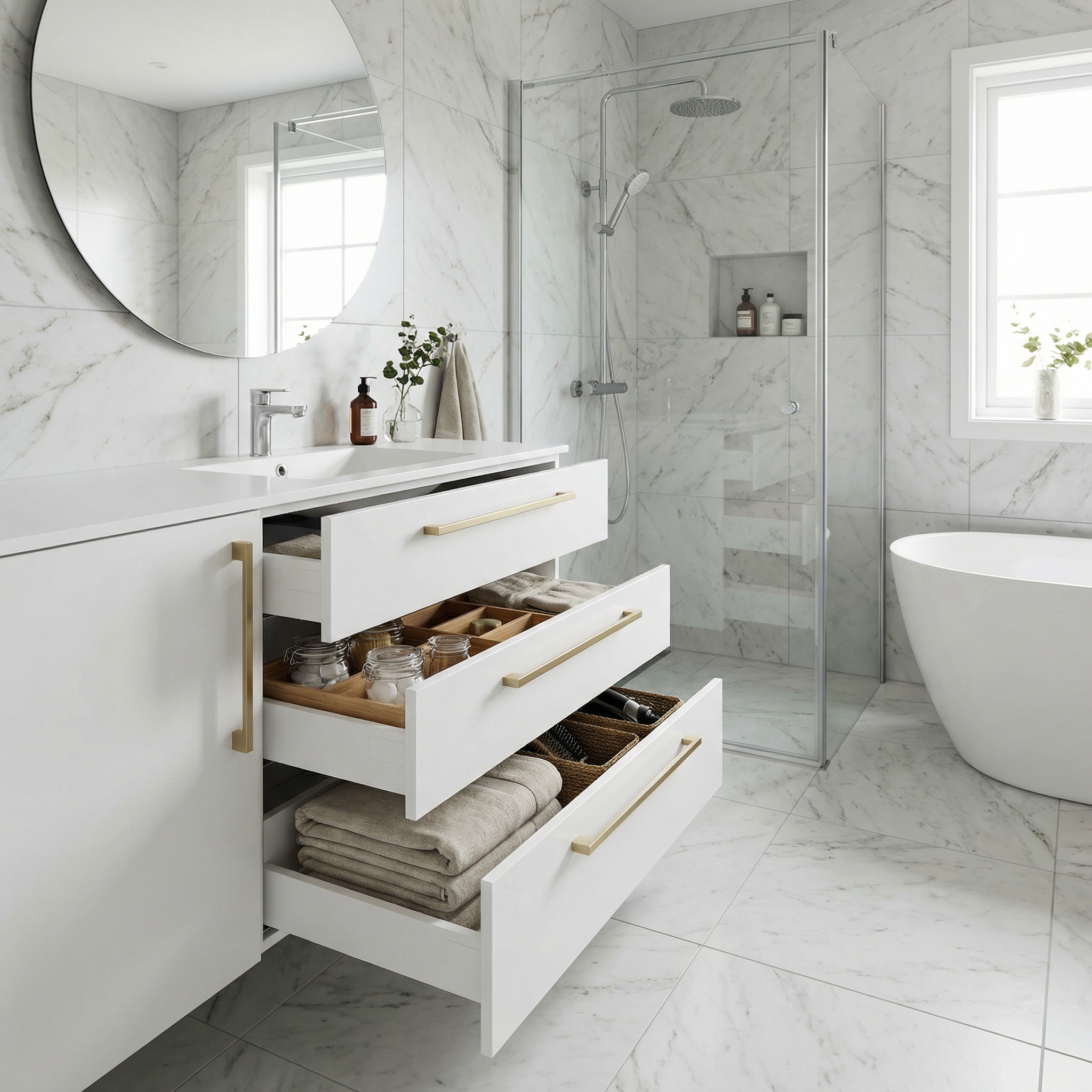 36-Inch Floating Wall-Mounted Bathroom Vanity Cabinet, White Lacquer with Brushed Gold Handles and Ceramic Sink