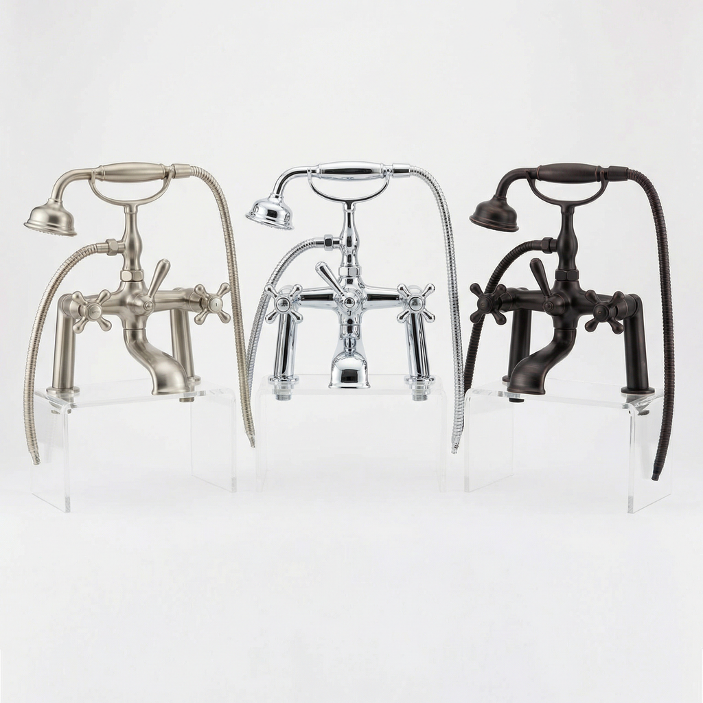 Floor-Mounted Clawfoot Bathtub Faucet, Brushed Nickel, Cross Handles with Handheld Shower Attachment