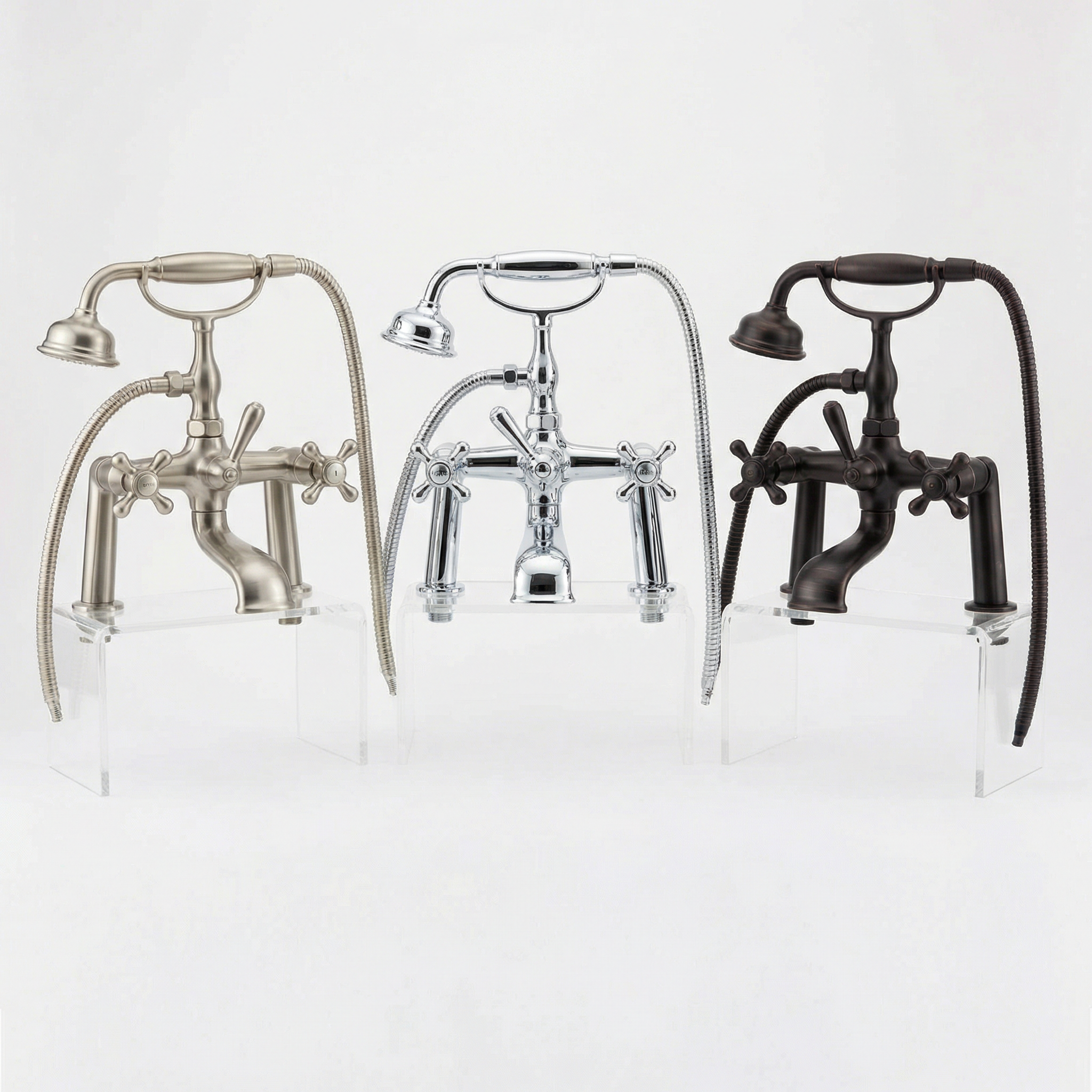 Floor-Mounted Clawfoot Bathtub Faucet, Brushed Nickel, Cross Handles with Handheld Shower Attachment