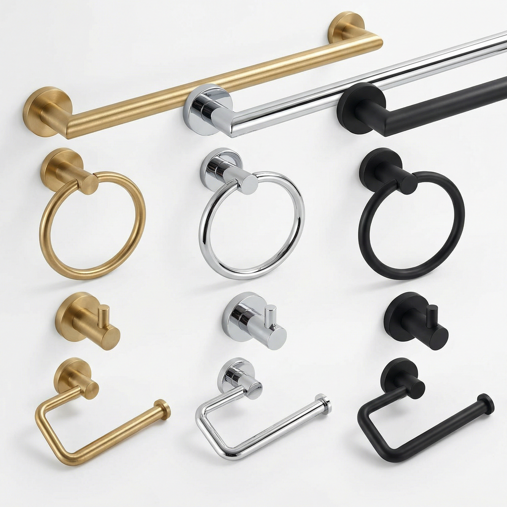 5-Piece Brushed Gold Bathroom Hardware Set, Stainless Steel Towel Bar, Ring, Toilet Paper Holder and Hooks